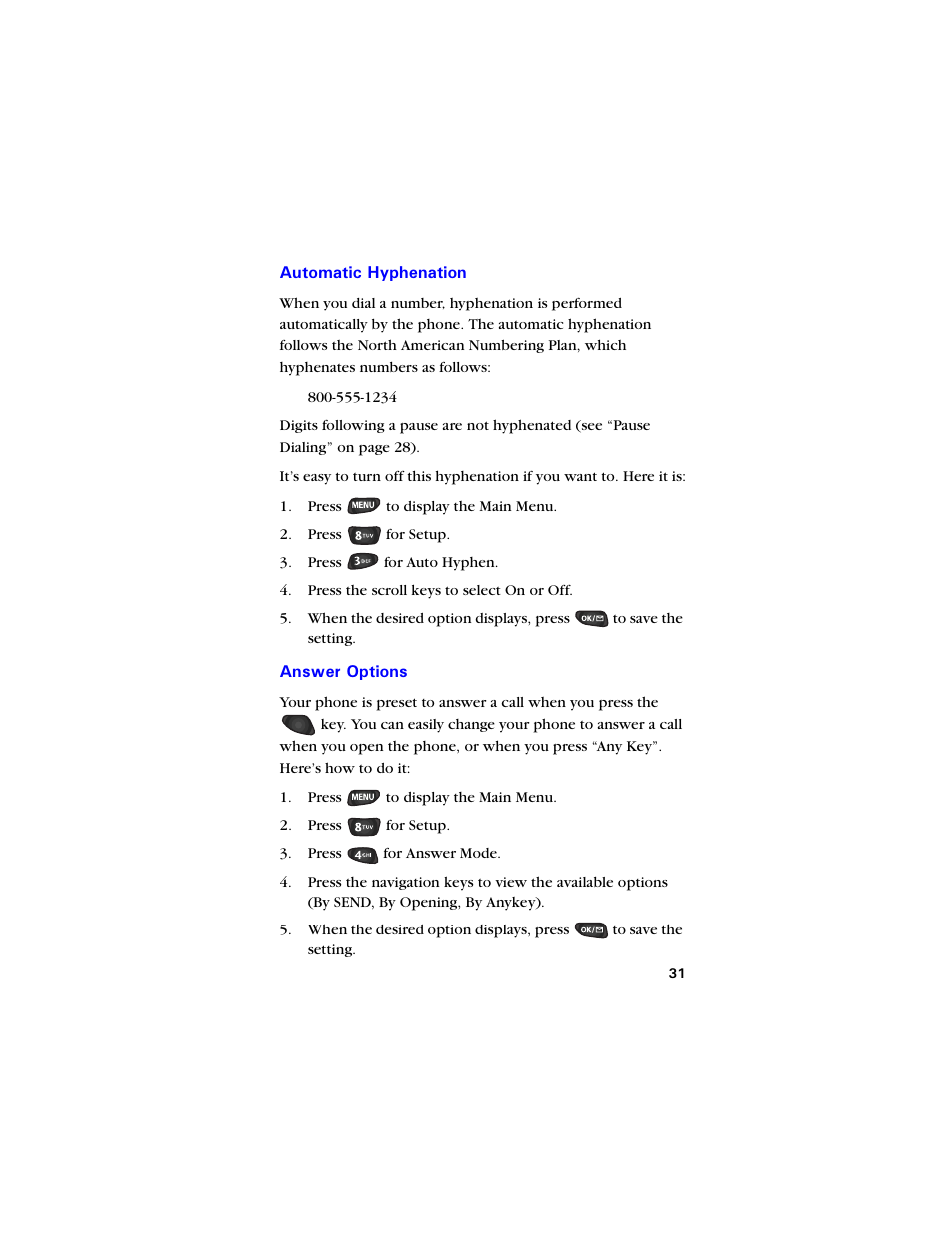 Automatic hyphenation, Answer options, Automatic hyphenation 31 | Answer options 31 | Samsung SCH-850 User Manual | Page 43 / 134