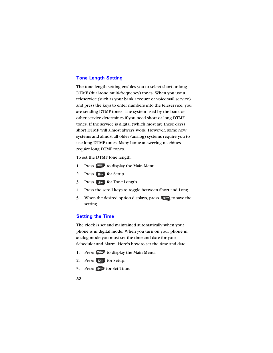Tone length setting, Setting the time, Tone length setting 32 | Setting the time 32 | Samsung SCH-850 User Manual | Page 44 / 134