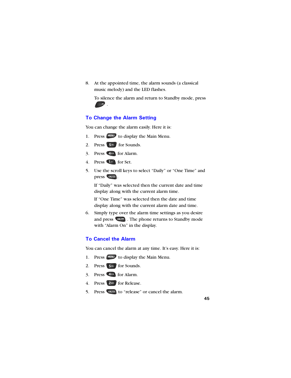 To change the alarm setting, To cancel the alarm, To change the alarm setting 45 | To cancel the alarm 45 | Samsung SCH-850 User Manual | Page 57 / 134