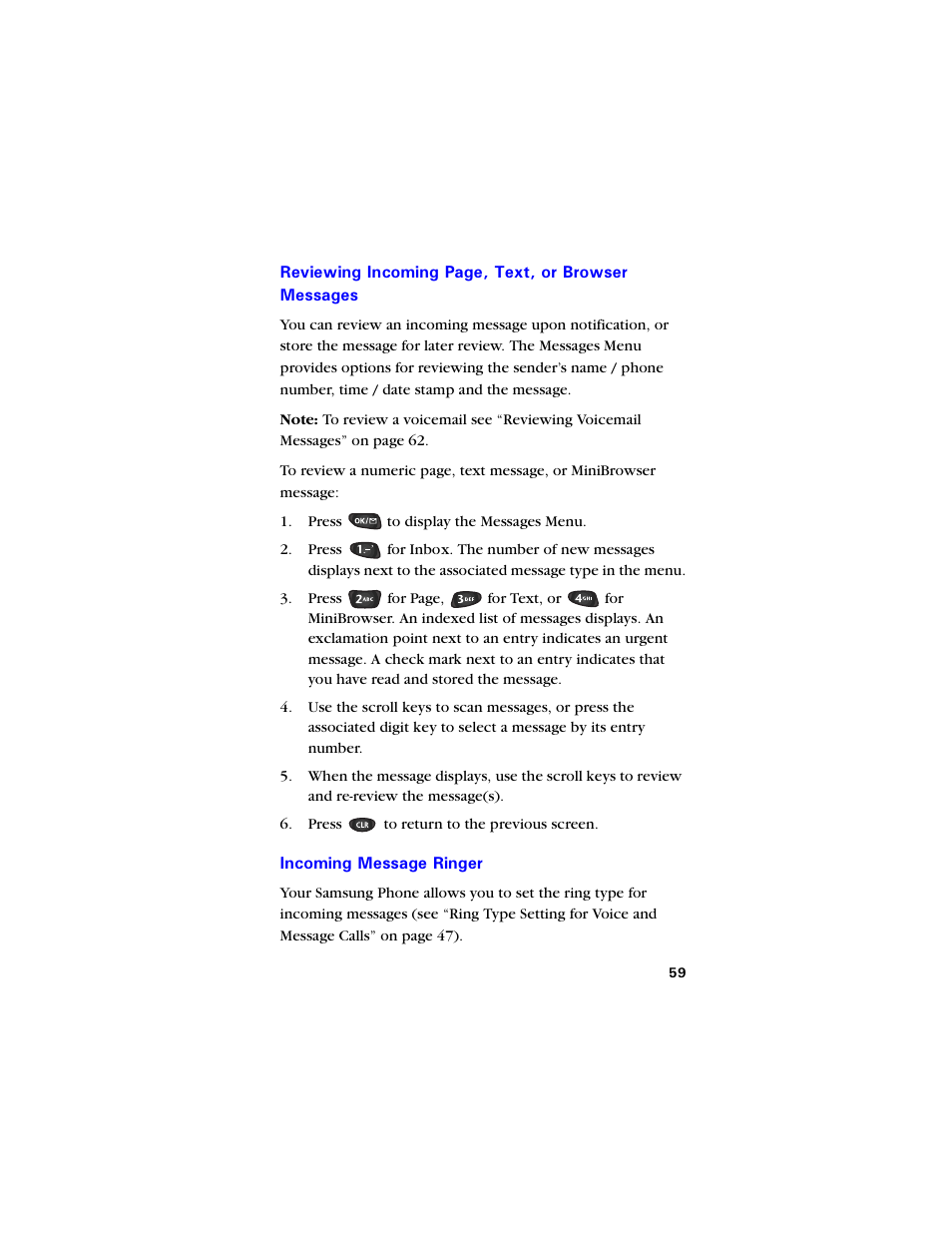Incoming message ringer, Incoming message ringer 59 | Samsung SCH-850 User Manual | Page 71 / 134