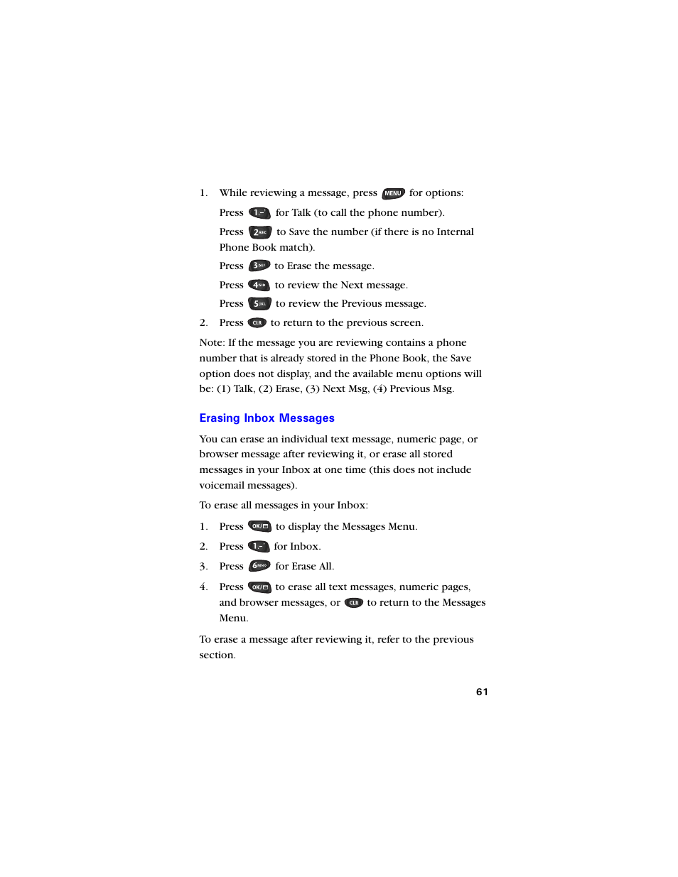 Erasing inbox messages, Erasing inbox messages 61 | Samsung SCH-850 User Manual | Page 73 / 134