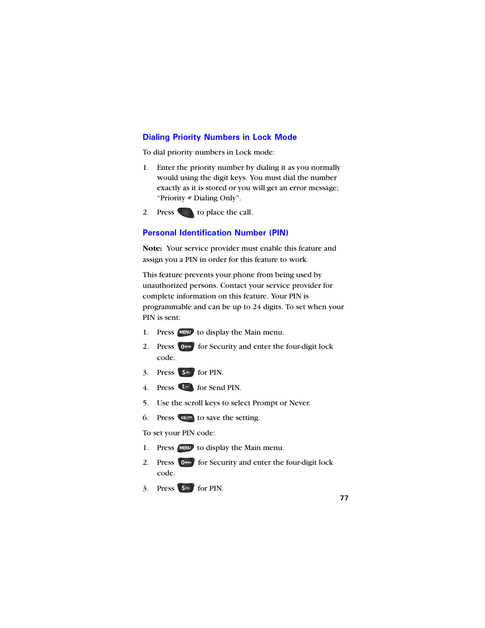 Dialing priority numbers in lock mode, Personal identification number (pin), Dialing priority numbers in lock mode 77 | Personal identification number (pin) 77 | Samsung SCH-850 User Manual | Page 89 / 134