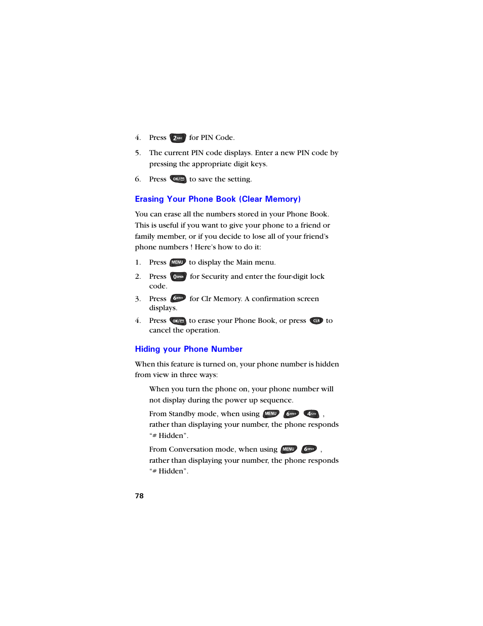 Erasing your phone book (clear memory), Hiding your phone number | Samsung SCH-850 User Manual | Page 90 / 134