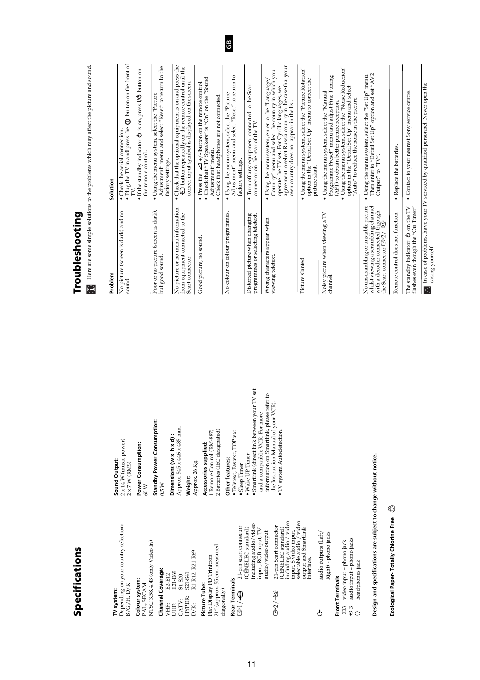 Specifications, Troubleshooting | Sony FD TRINITRON KV-21FX30E User Manual | Page 11 / 45