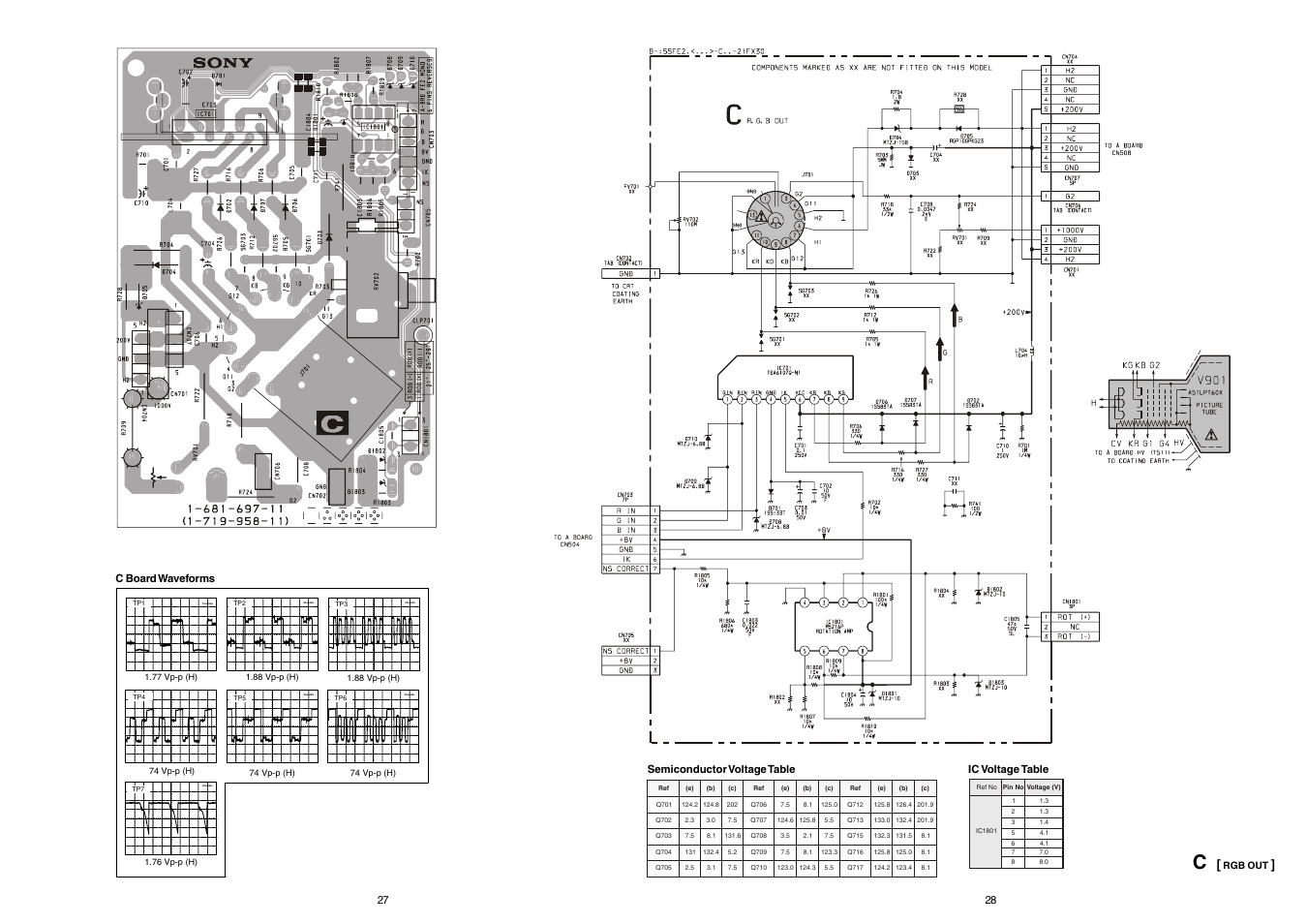 20us/div, 10us/div, Ic voltage table | Semiconductor voltage table, C board waveforms | Sony FD TRINITRON KV-21FX30E User Manual | Page 25 / 45