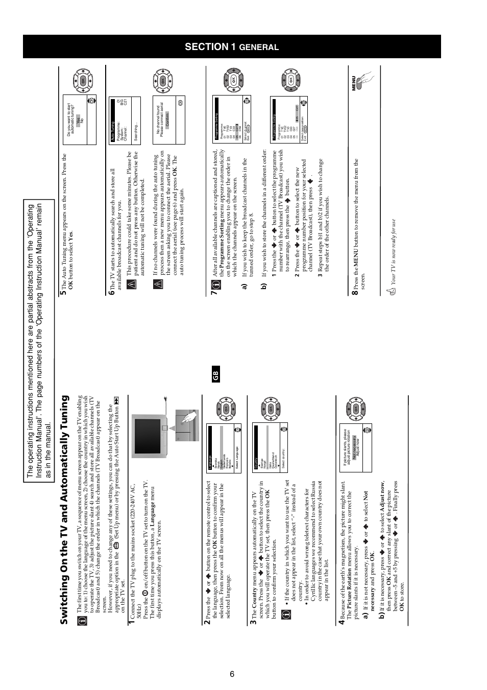 Switching on the tv and automatically tuning, General | Sony FD TRINITRON KV-21FX30E User Manual | Page 6 / 45