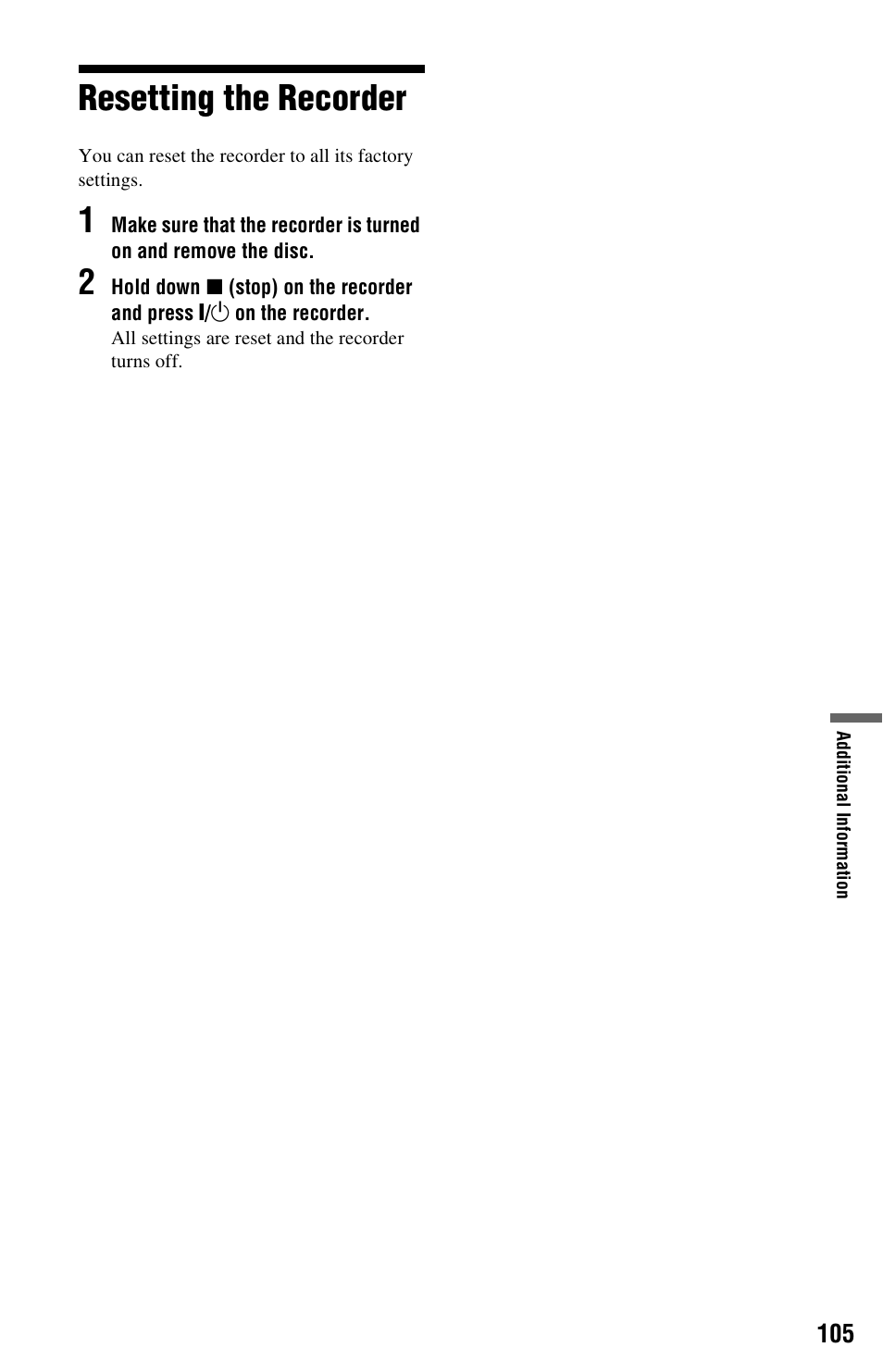 Resetting the recorder | Sony 4-131-978-11(1) User Manual | Page 105 / 120