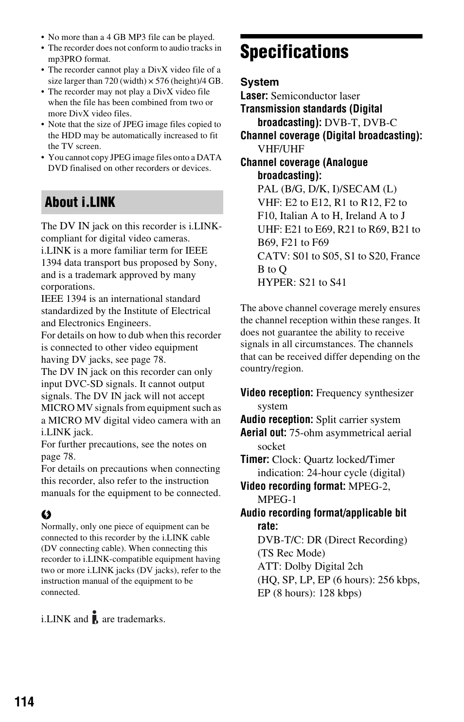 Specifications, About i.link” on, About i.link | Sony 4-131-978-11(1) User Manual | Page 114 / 120