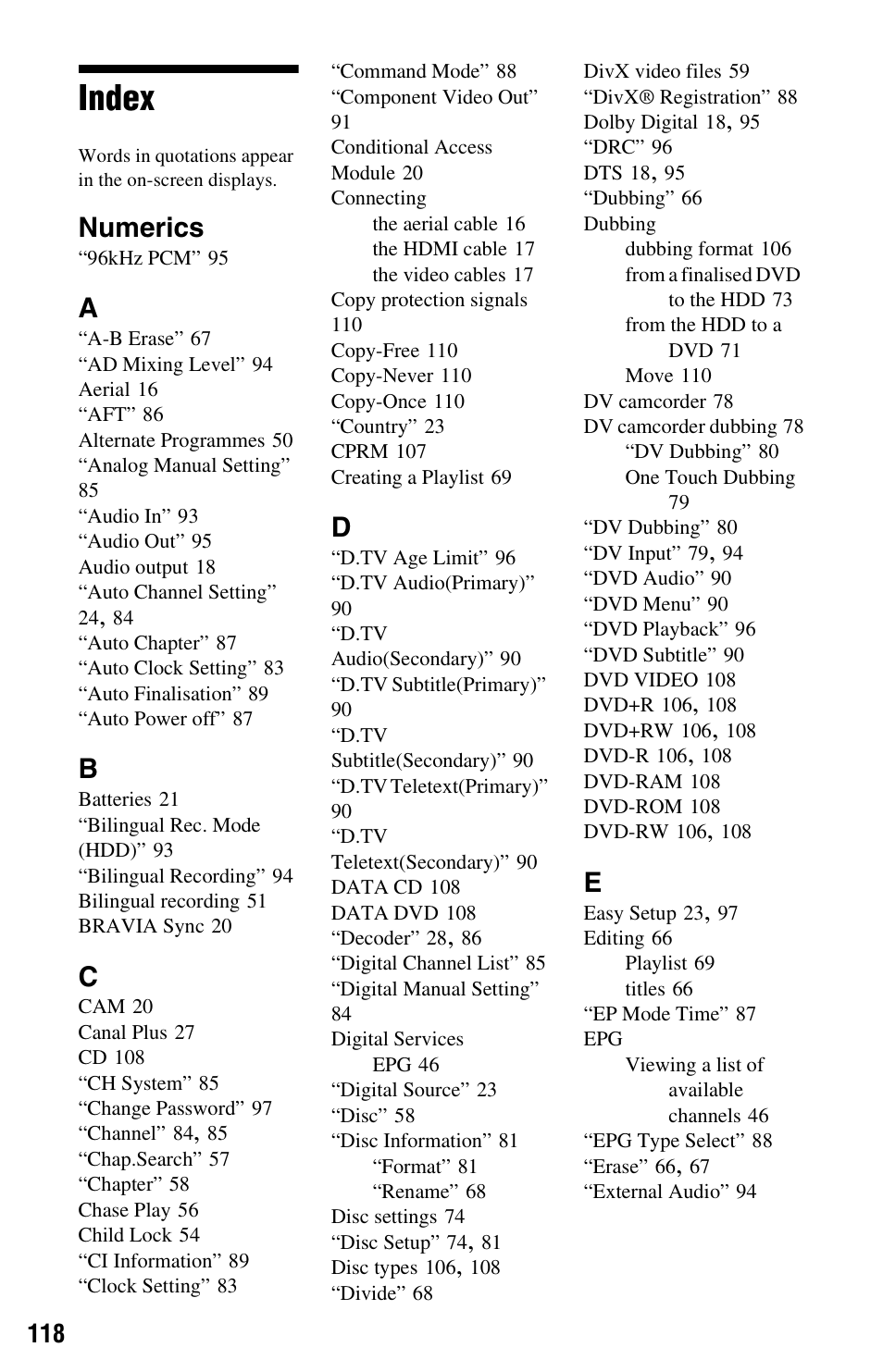 Index, Numerics | Sony 4-131-978-11(1) User Manual | Page 118 / 120