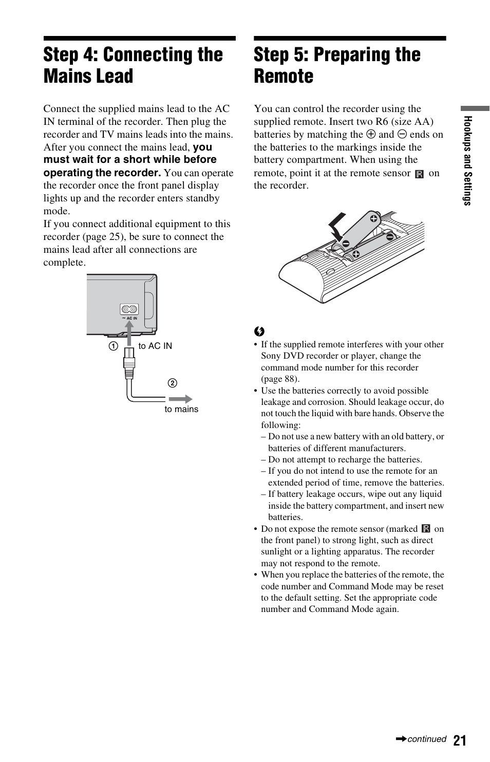 Step 4: connecting the mains lead, Step 5: preparing the remote, Inal (21) | Sony 4-131-978-11(1) User Manual | Page 21 / 120