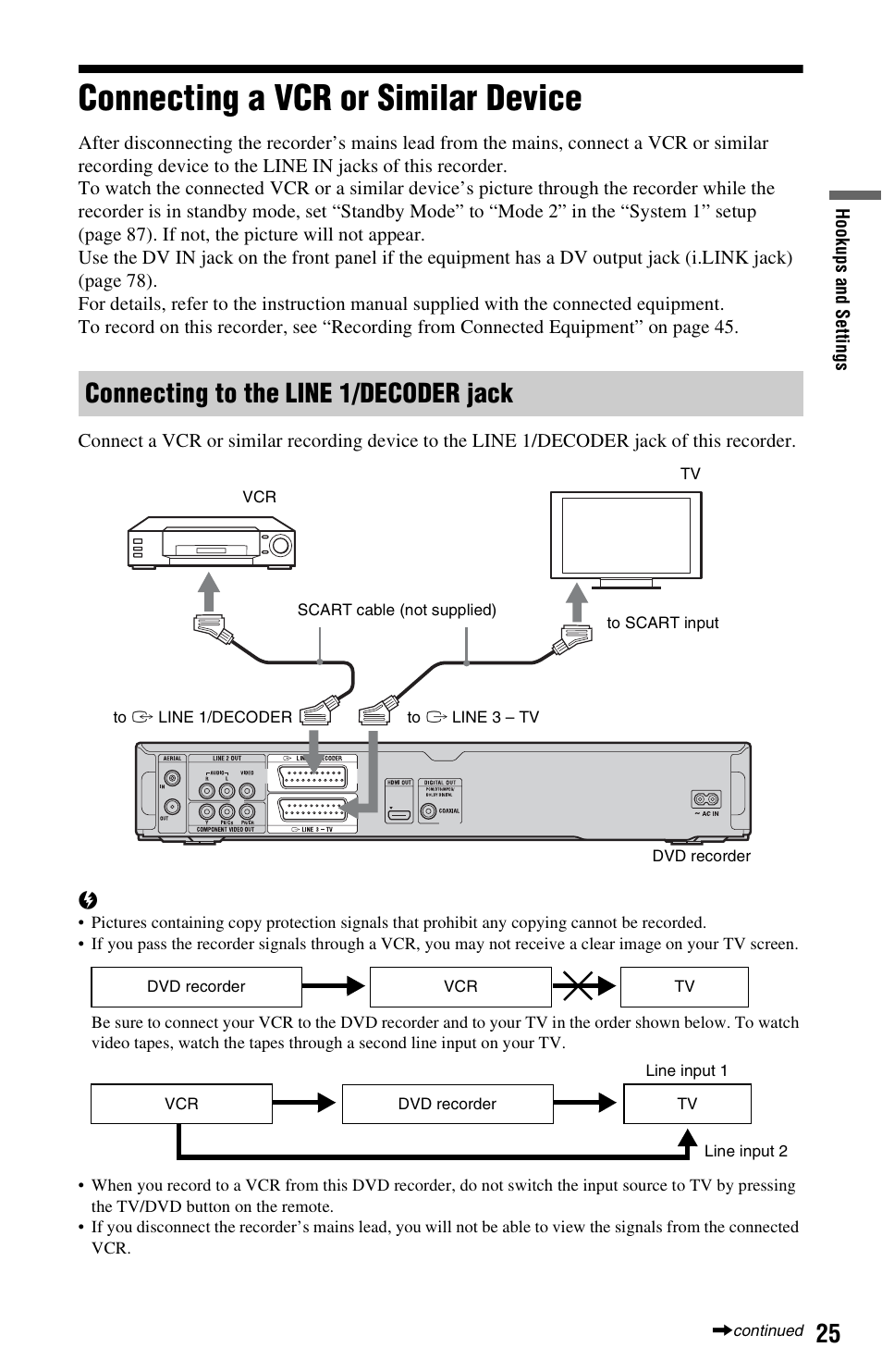 Connecting a vcr or similar device, Connecting to the line 1/decoder jack | Sony 4-131-978-11(1) User Manual | Page 25 / 120