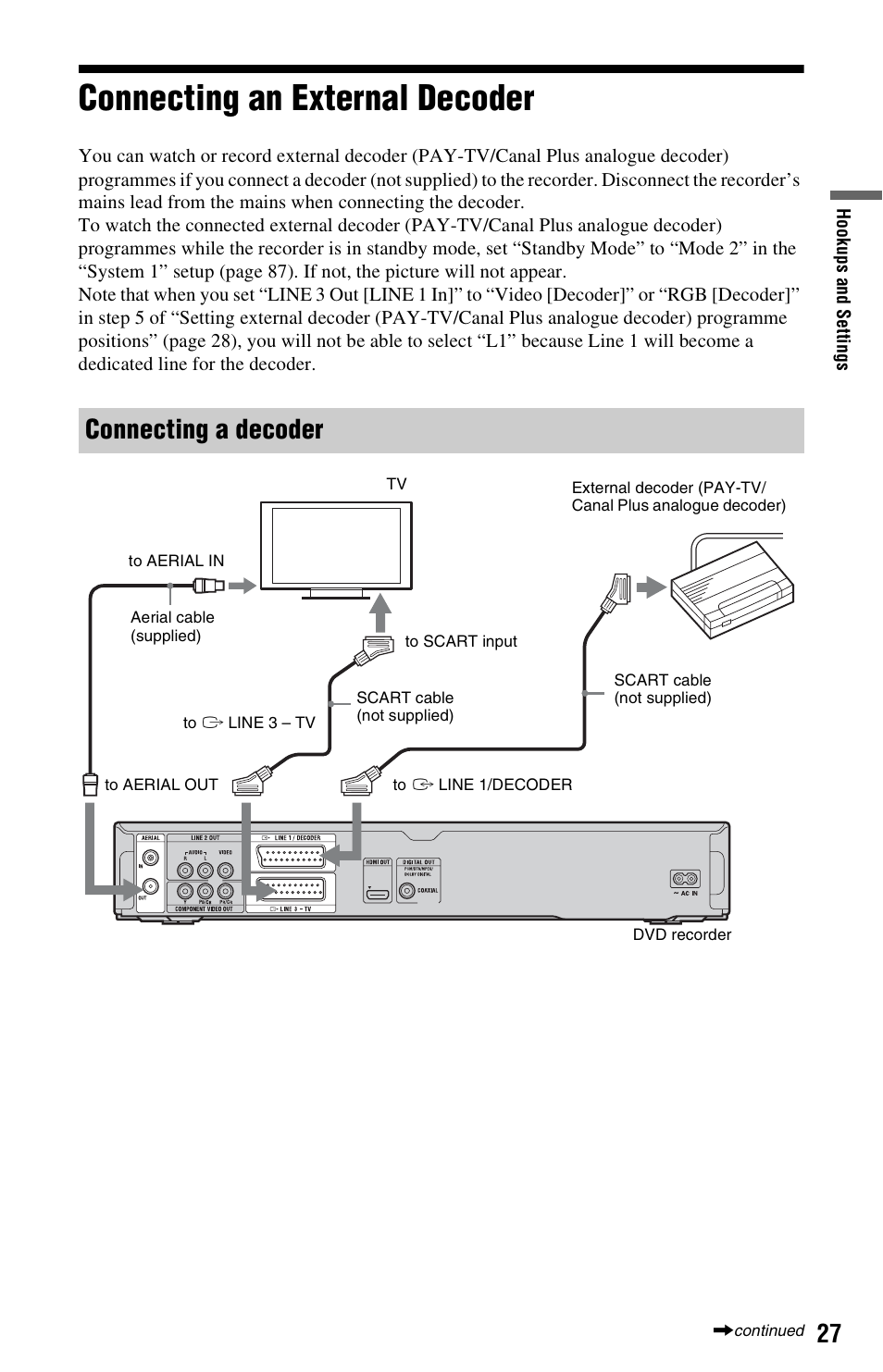 Connecting an external decoder, Connecting a decoder | Sony 4-131-978-11(1) User Manual | Page 27 / 120