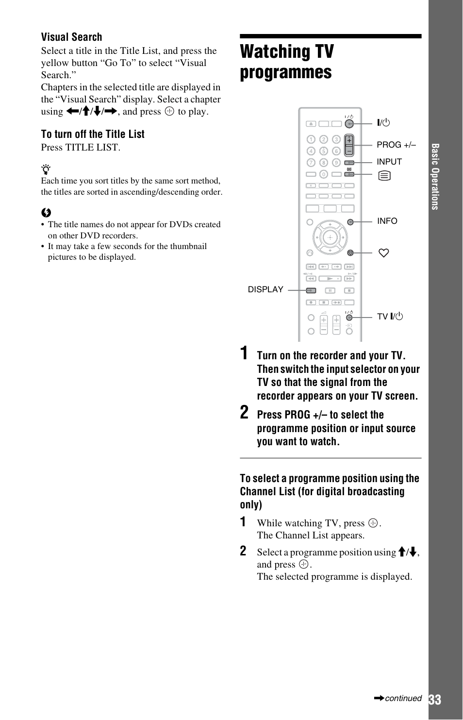 Watching tv programmes, Tv/radio (33), Watching tv programmes 1 | Sony 4-131-978-11(1) User Manual | Page 33 / 120