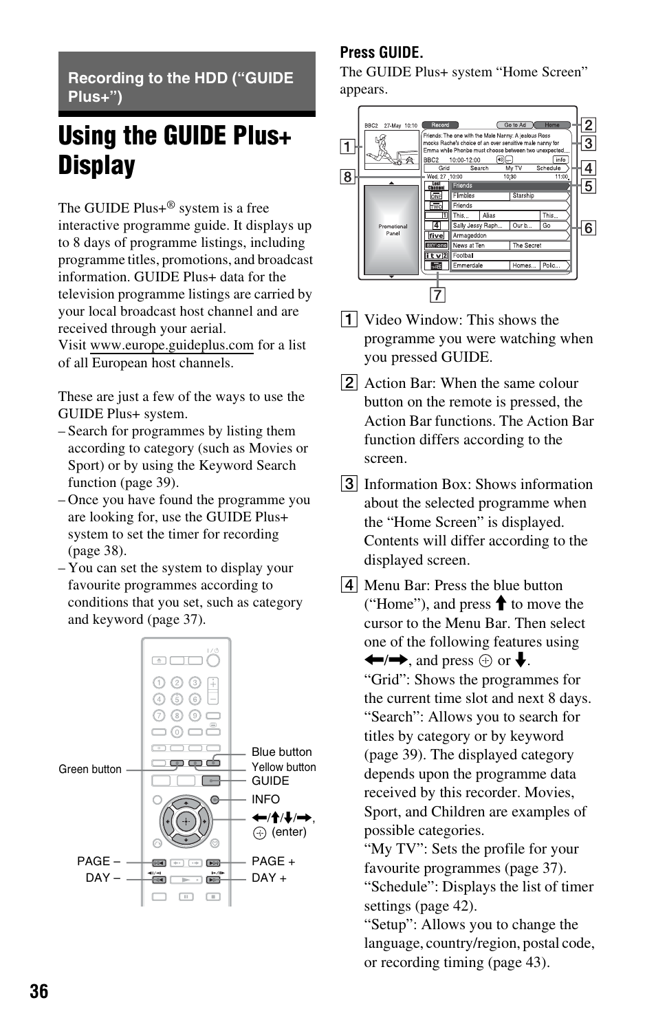 Recording to the hdd (“guide plus+”), Using the guide plus+ display, N (36, 4 | W (36, Ue (36, E (36, 46), Ge +/– (36, 46) | Sony 4-131-978-11(1) User Manual | Page 36 / 120