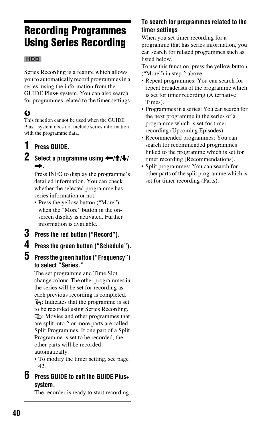 Recording programmes using series recording | Sony 4-131-978-11(1) User Manual | Page 40 / 120