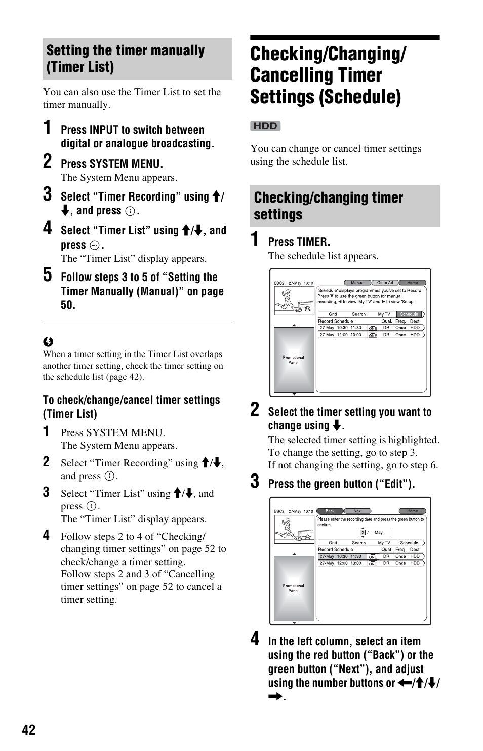 Setting the timer manually (timer list), Checking/changing timer settings | Sony 4-131-978-11(1) User Manual | Page 42 / 120