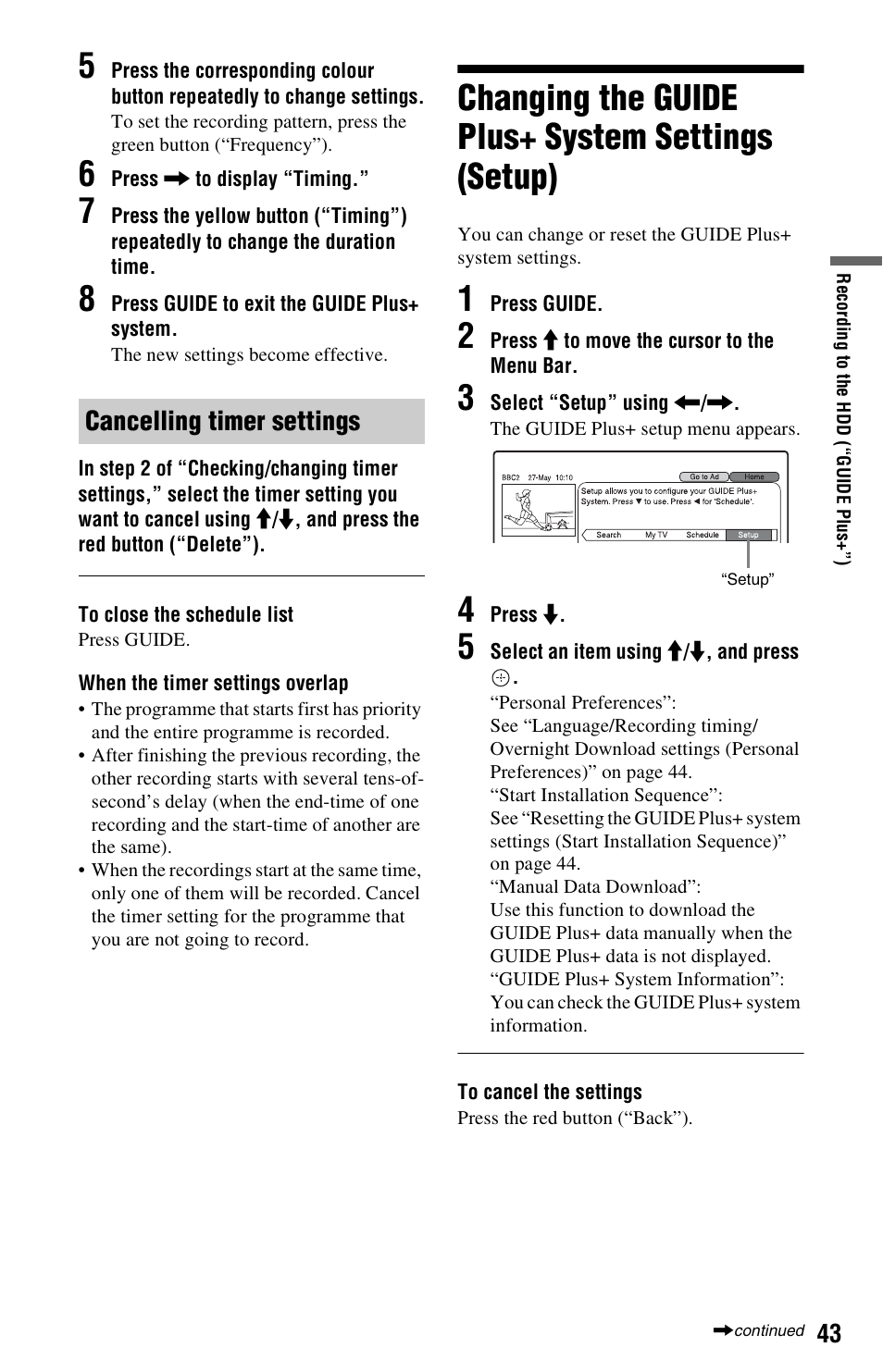 Cancelling timer settings, Changing the guide plus+ system settings (setup) | Sony 4-131-978-11(1) User Manual | Page 43 / 120