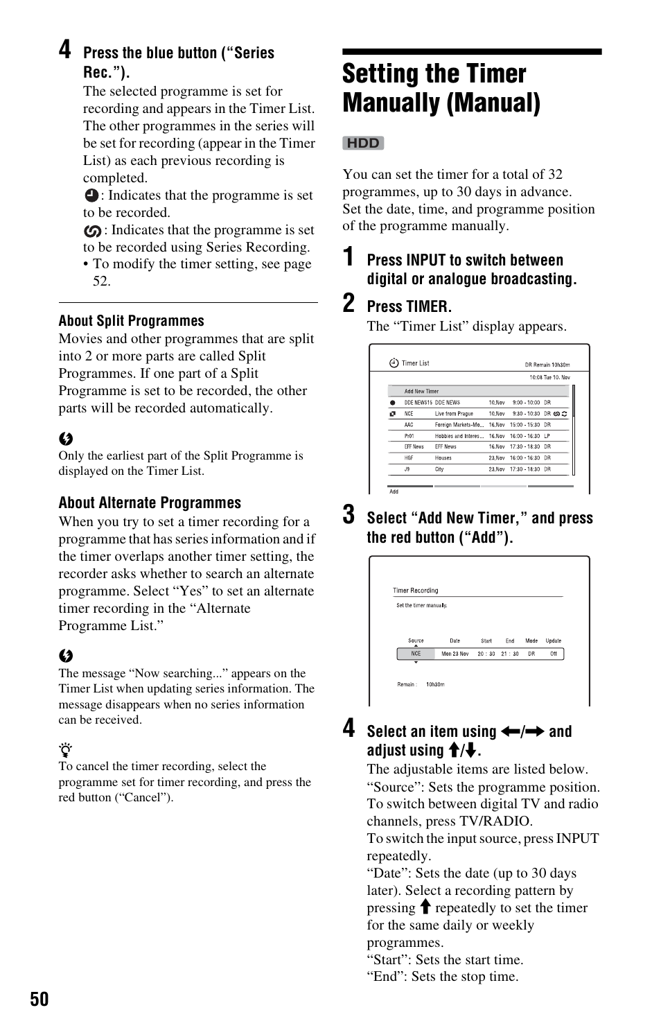 Setting the timer manually (manual), 3 to, Of “setting the timer manually (manual) | Sony 4-131-978-11(1) User Manual | Page 50 / 120