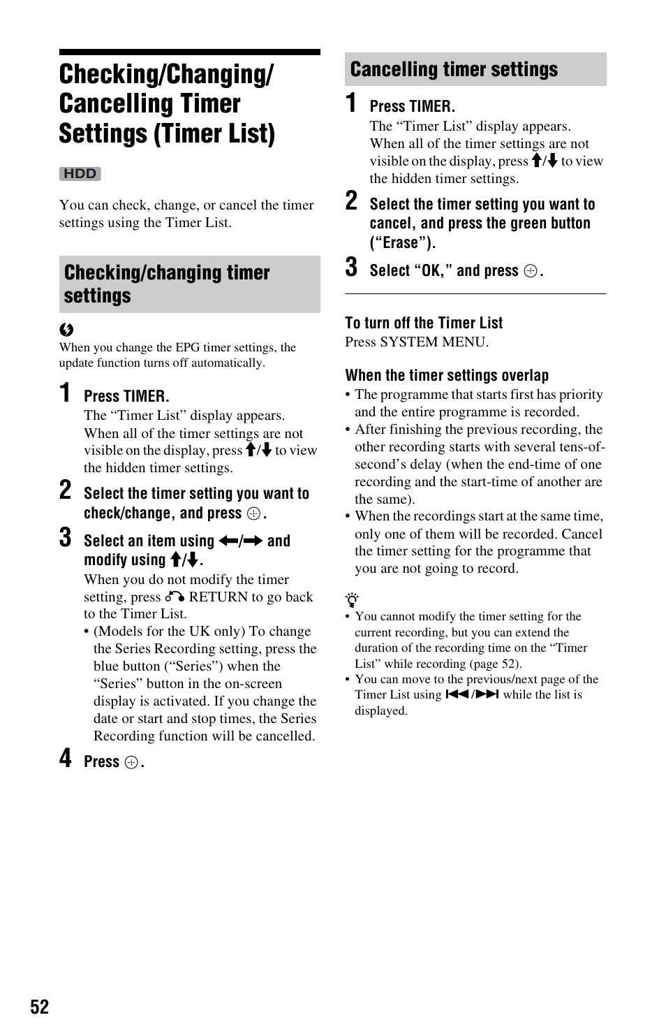 Checking/changing timer settings, Cancelling timer settings, Checking/ changing timer settings | 52 t, 2 and 3 of “cancelling timer settings” o | Sony 4-131-978-11(1) User Manual | Page 52 / 120