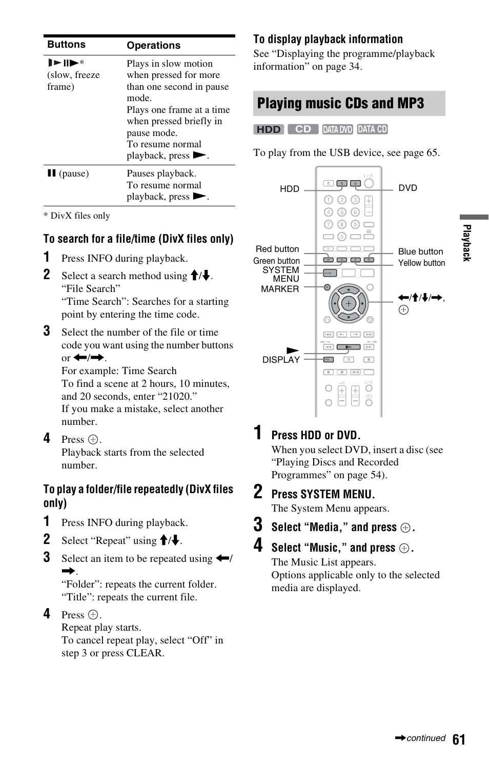 Playing music cds and mp3 | Sony 4-131-978-11(1) User Manual | Page 61 / 120