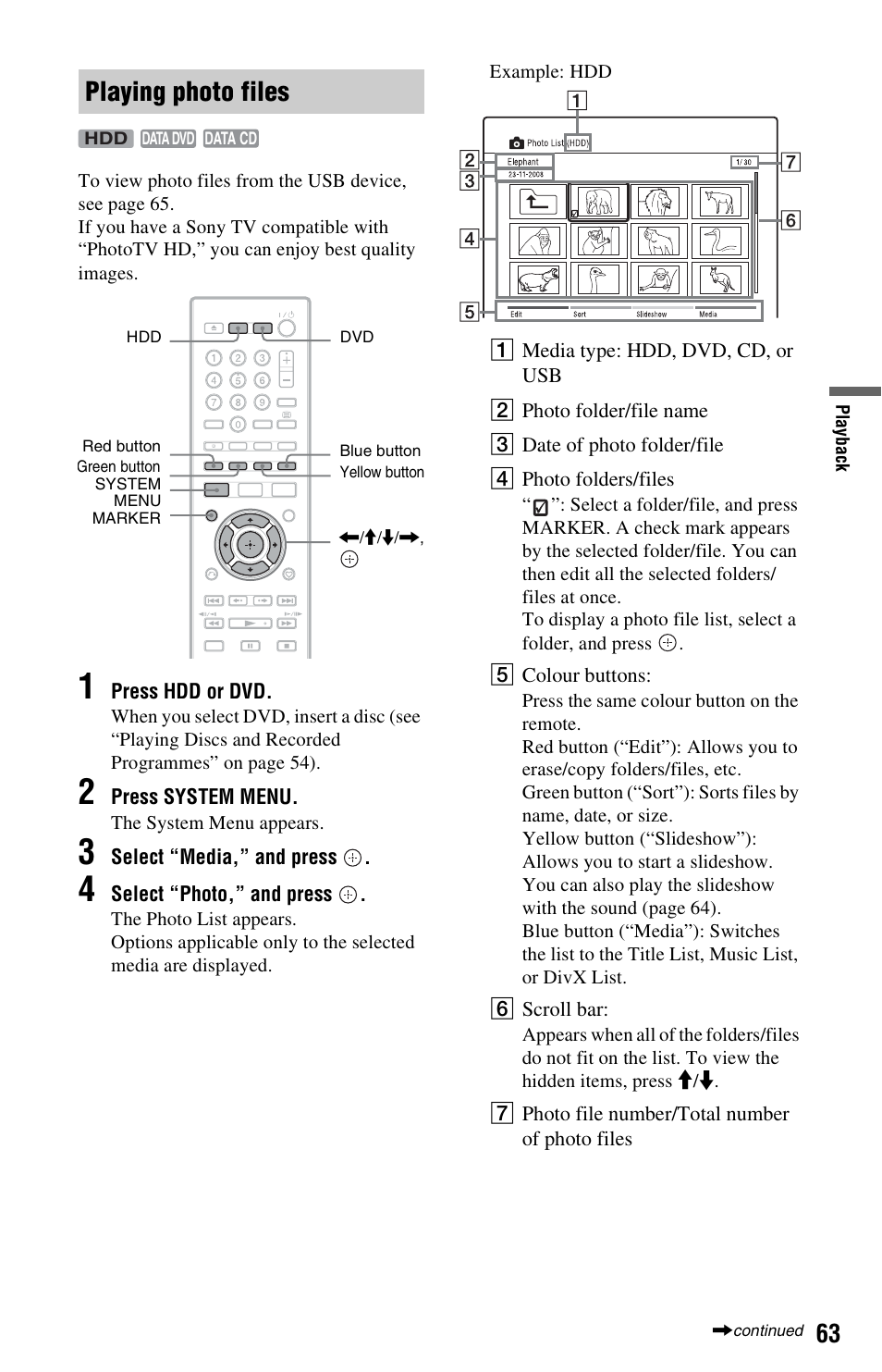 Playing photo files | Sony 4-131-978-11(1) User Manual | Page 63 / 120