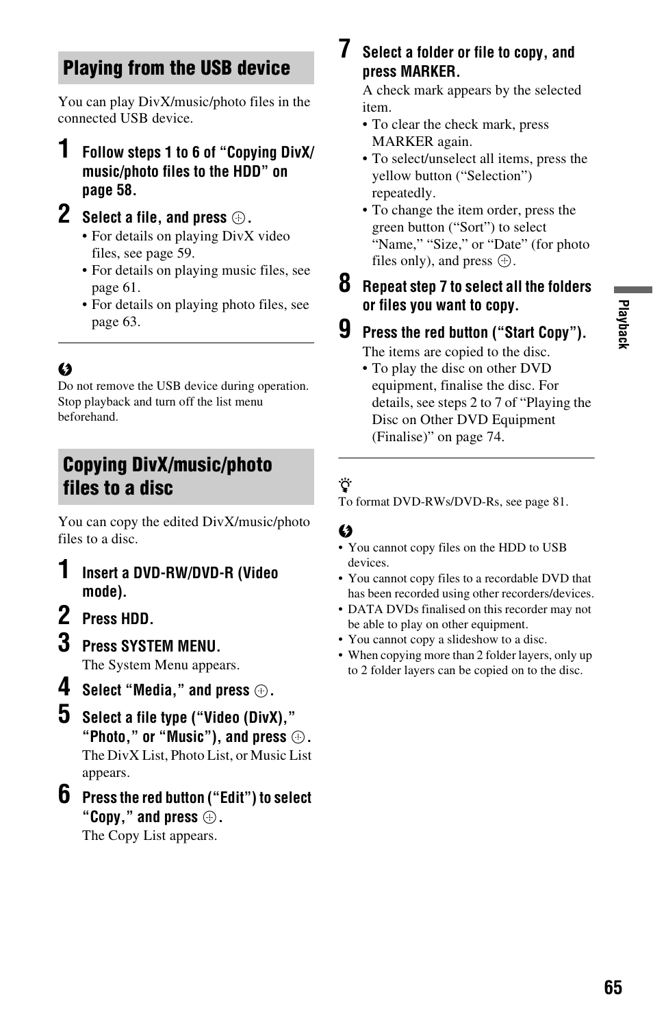 Playing from the usb device, Copying divx/music/photo files to a disc | Sony 4-131-978-11(1) User Manual | Page 65 / 120