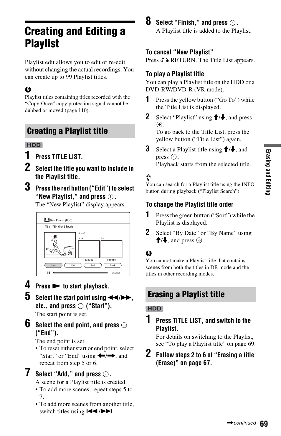 Creating and editing a playlist, Creating a playlist title, Erasing a playlist title | Creating a playlist title erasing a playlist title | Sony 4-131-978-11(1) User Manual | Page 69 / 120