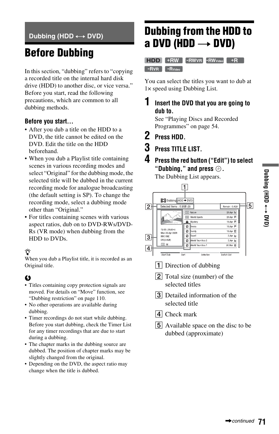 Dubbing (hdd y dvd), Before dubbing, Dubbing from the hdd to a dvd (hdd t dvd) | Before dubbing dubbing from the hdd to a dvd (hdd, T dvd) | Sony 4-131-978-11(1) User Manual | Page 71 / 120