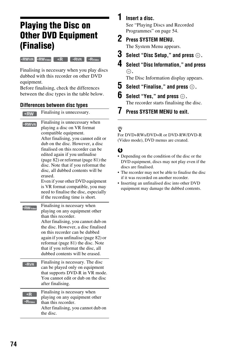 Playing the disc on other dvd equipment (finalise), 7 of, Differences between disc types | Sony 4-131-978-11(1) User Manual | Page 74 / 120