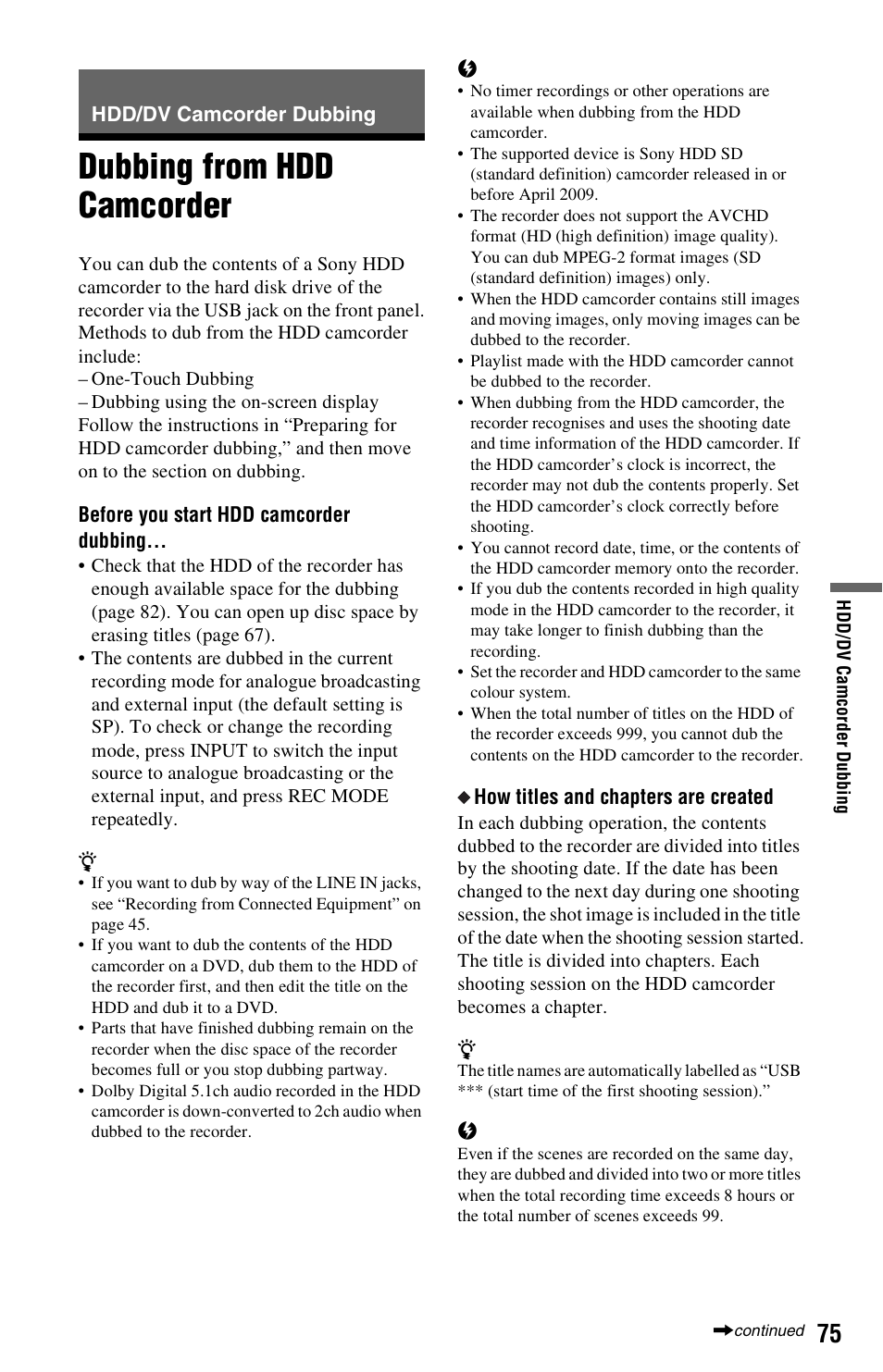 Hdd/dv camcorder dubbing, Dubbing from hdd camcorder | Sony 4-131-978-11(1) User Manual | Page 75 / 120