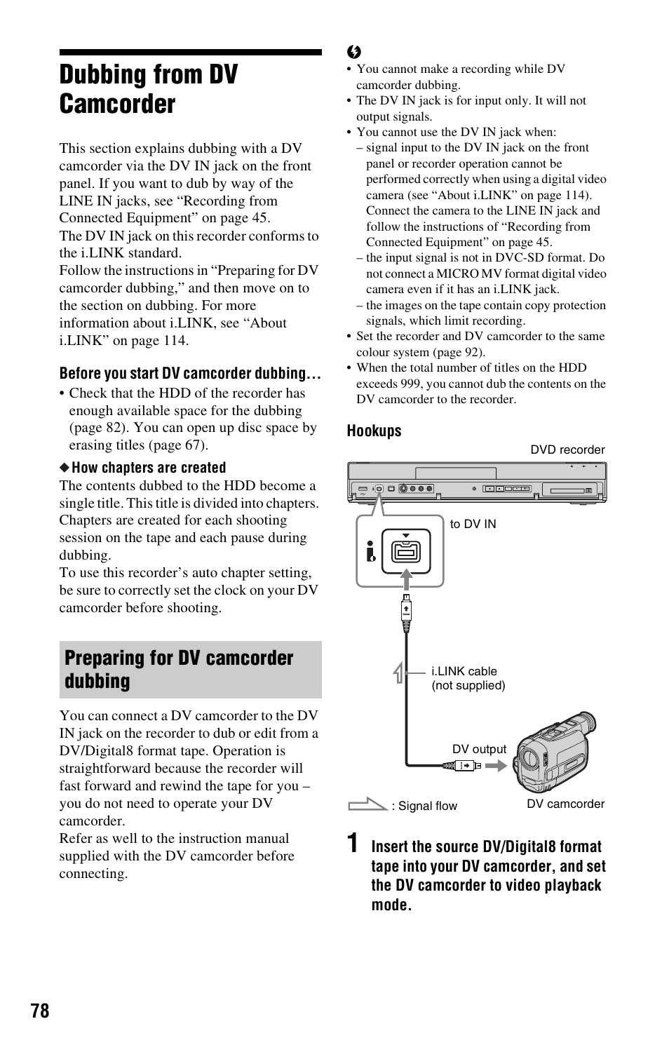 Dubbing from dv camcorder, Preparing for dv camcorder dubbing | Sony 4-131-978-11(1) User Manual | Page 78 / 120