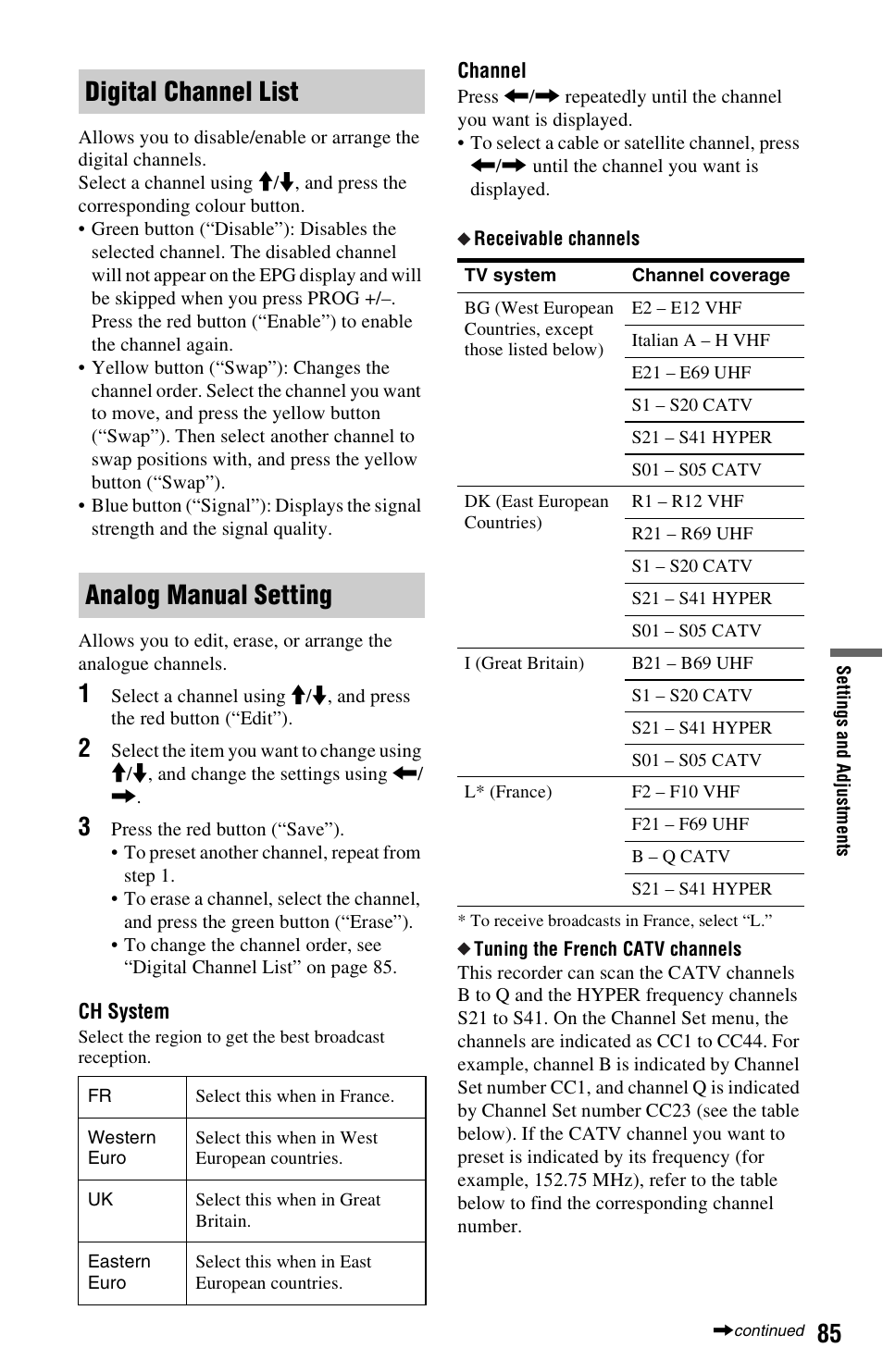 Digital channel list analog manual setting | Sony 4-131-978-11(1) User Manual | Page 85 / 120
