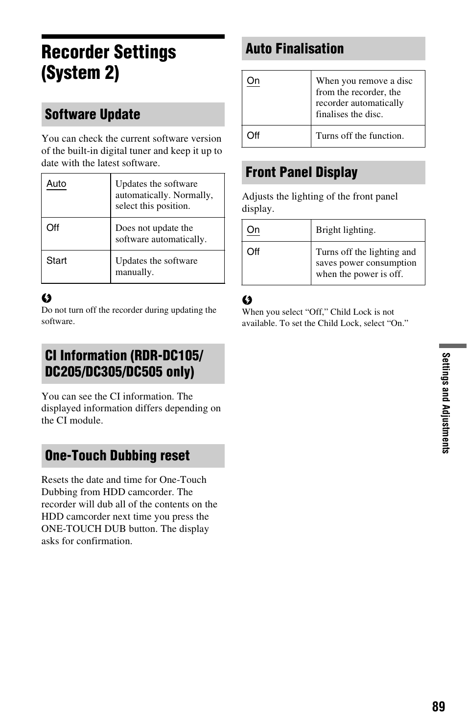 Recorder settings (system 2), Software update, Front panel display | Sony 4-131-978-11(1) User Manual | Page 89 / 120
