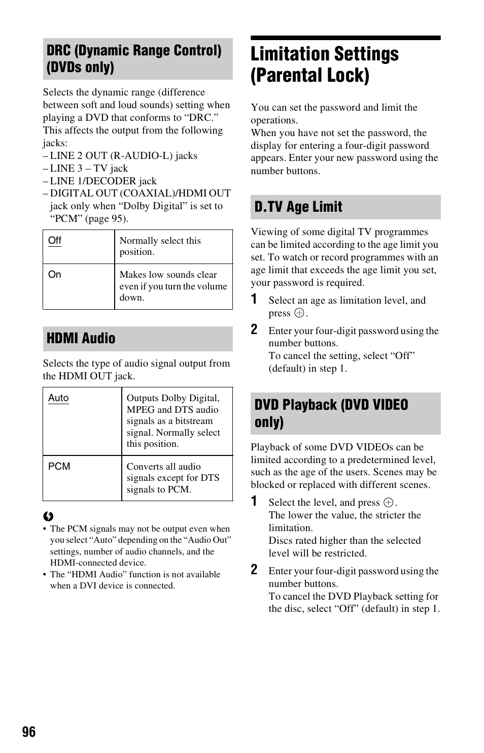 Limitation settings (parental lock), Drc (dynamic range control) (dvds only), Hdmi audio | D.tv age limit dvd playback (dvd video only) | Sony 4-131-978-11(1) User Manual | Page 96 / 120