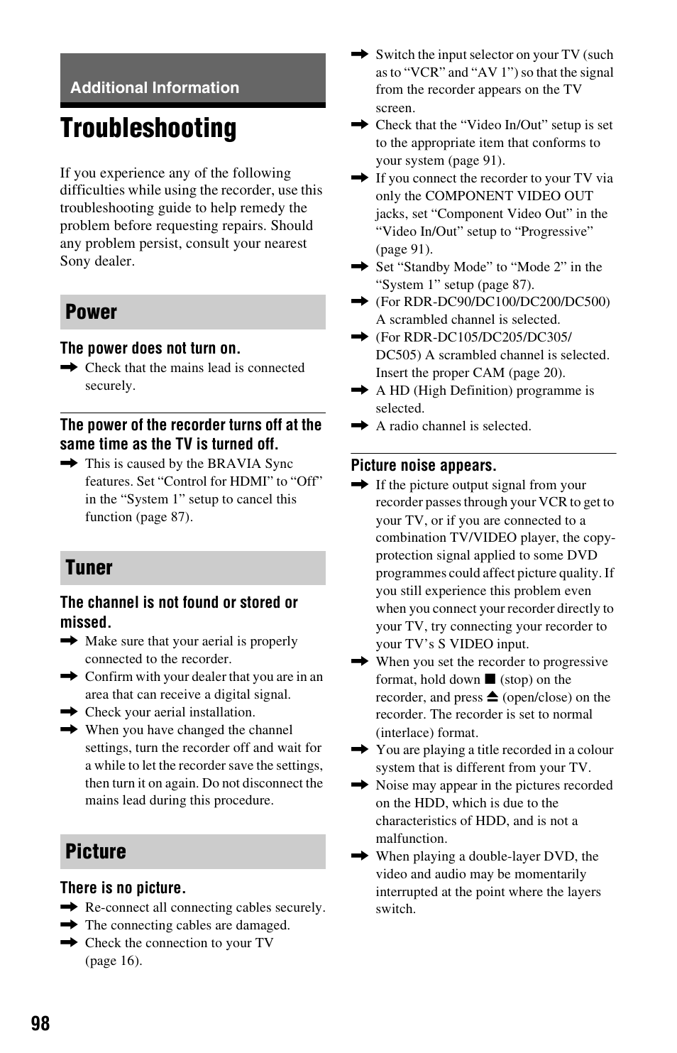 Additional information, Troubleshooting, Power tuner picture | Sony 4-131-978-11(1) User Manual | Page 98 / 120