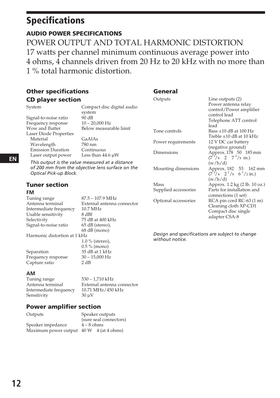 Specifications, Audio power specifications, General | Sony CDX-2180 User Manual | Page 12 / 16