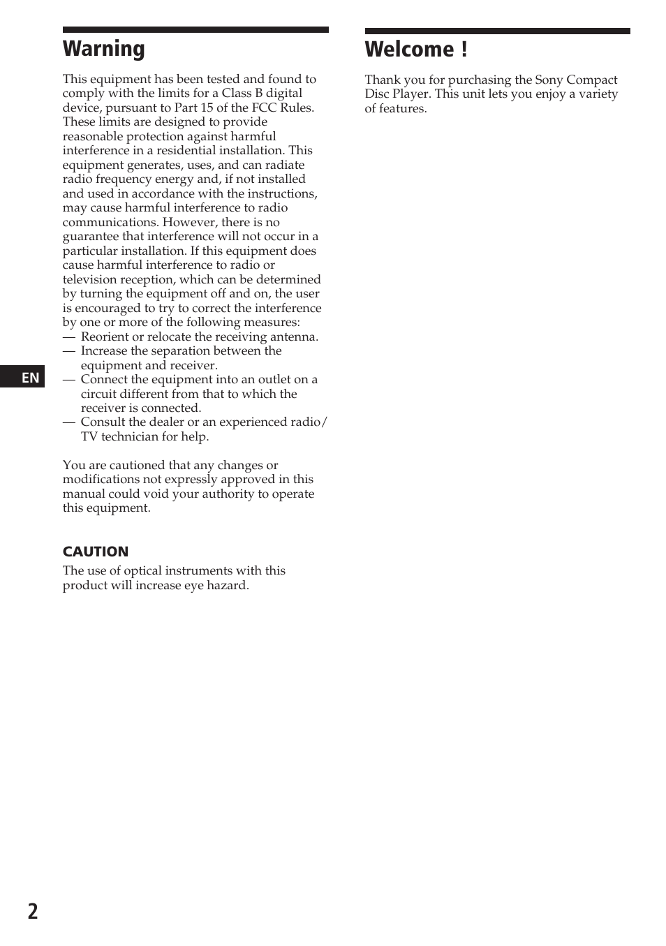 Welcome, Warning | Sony CDX-2180 User Manual | Page 2 / 16