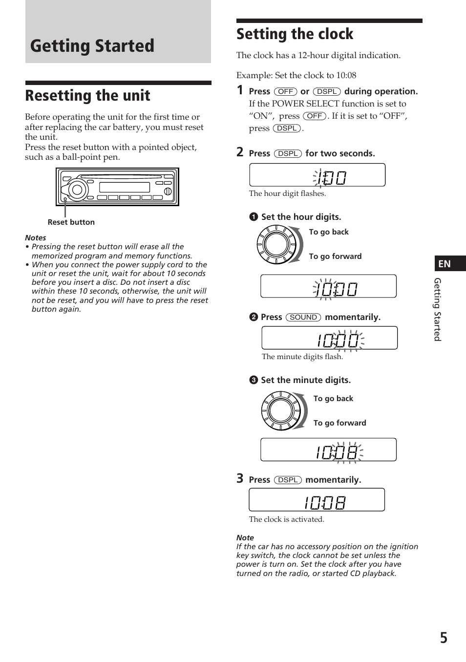 Getting started, Resetting the unit, Setting the clock | Sony CDX-2180 User Manual | Page 5 / 16