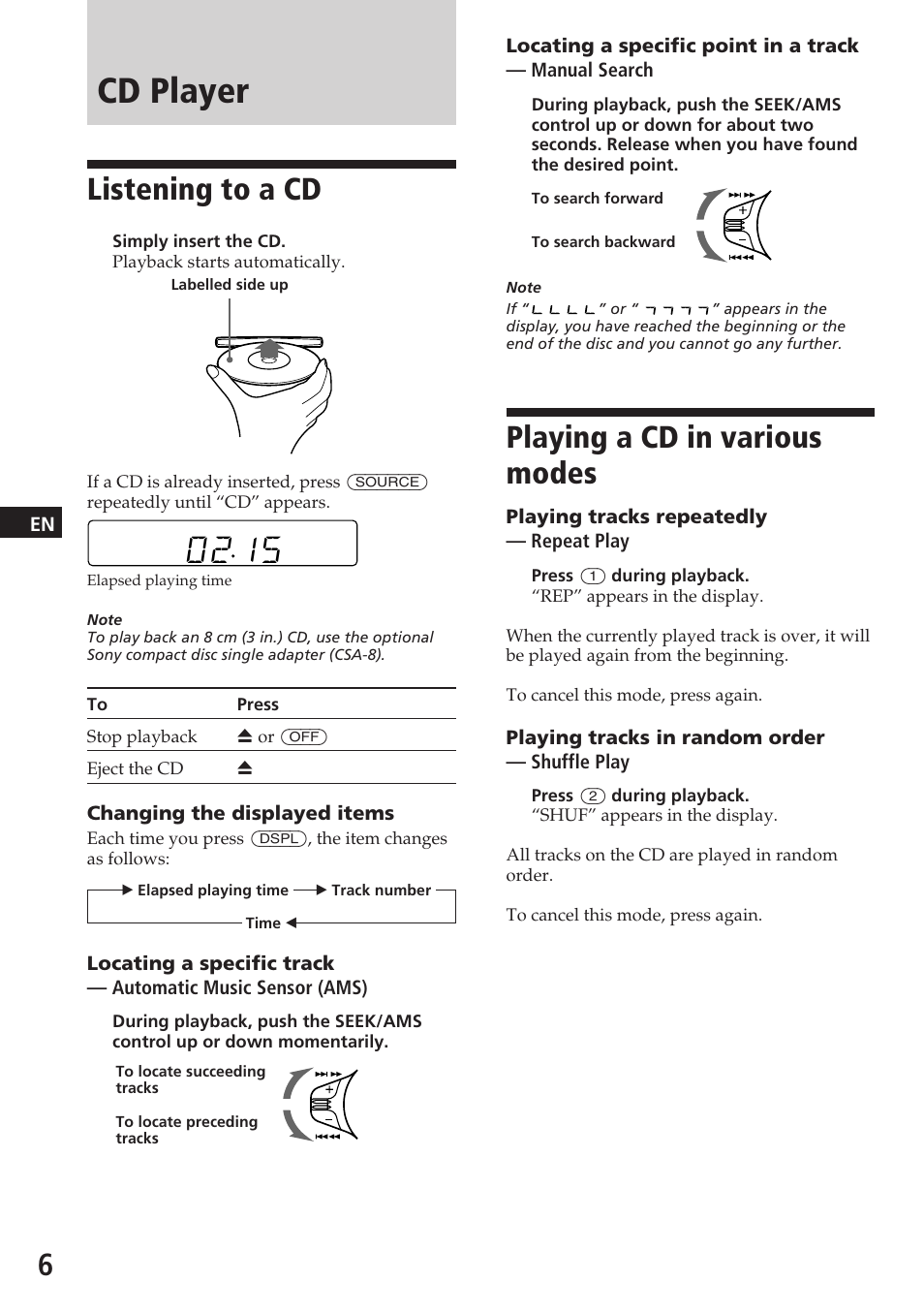 Cd player, Listening to a cd, Playing a cd in various modes | Sony CDX-2180 User Manual | Page 6 / 16