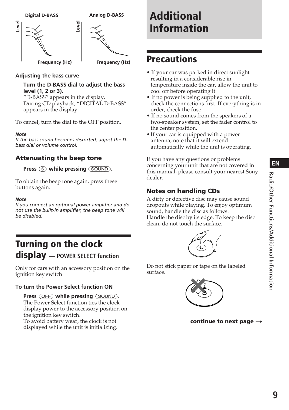 Additional information, Turning on the clock display, Precautions | Sony CDX-2180 User Manual | Page 9 / 16