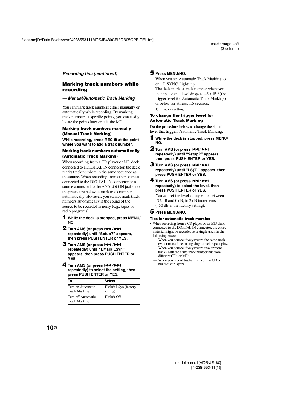 Marking track numbers while recording | Sony MDS-JE480 User Manual | Page 10 / 31