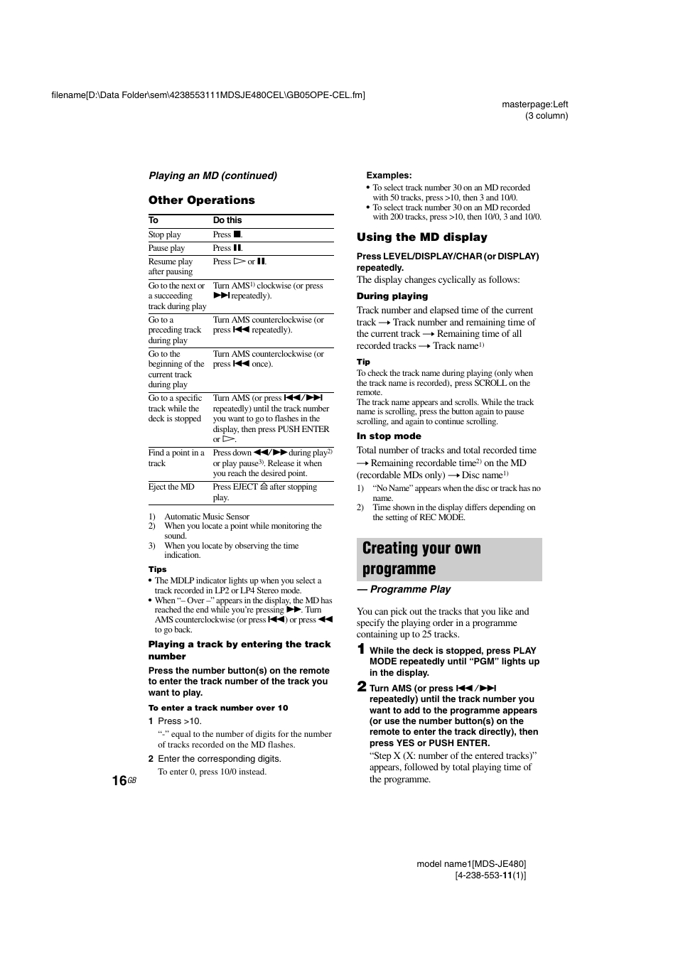 Other operations, Using the md display, Creating your own programme | Programme play | Sony MDS-JE480 User Manual | Page 16 / 31