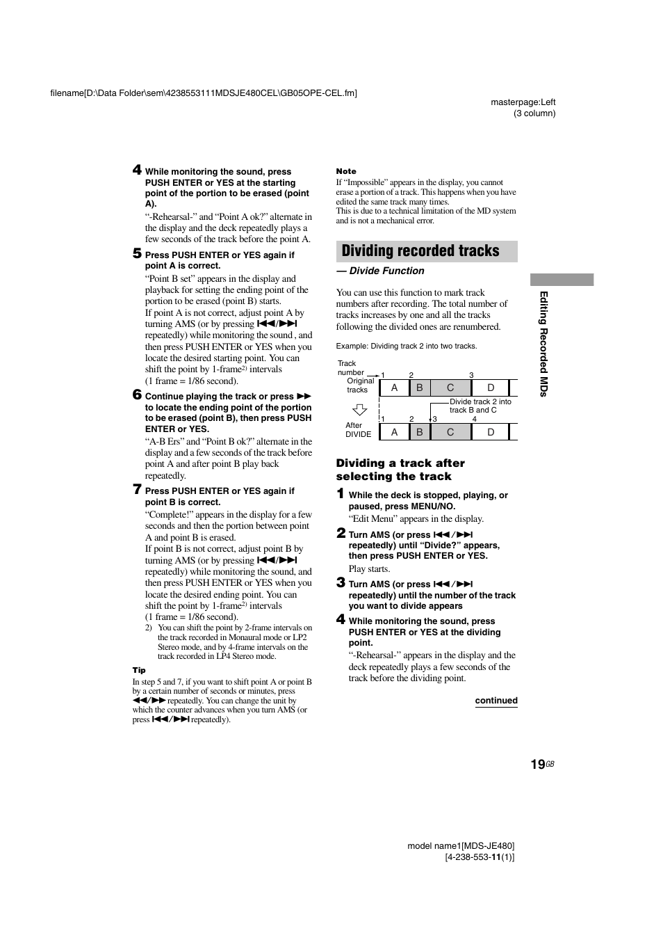 Dividing recorded tracks, Divide function, Dividing a track after selecting the track | Sony MDS-JE480 User Manual | Page 19 / 31