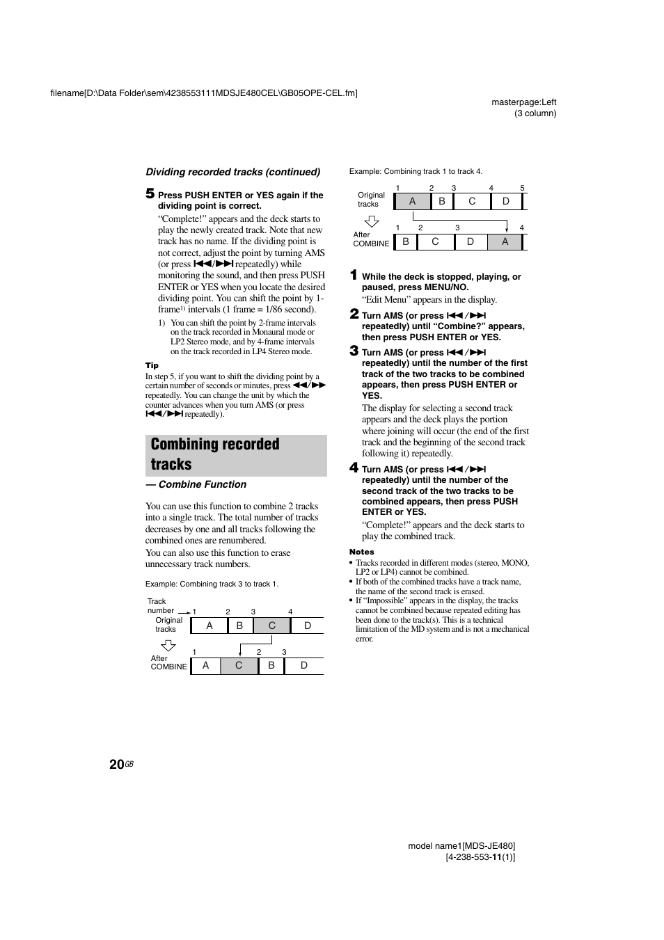 Combining recorded tracks, Combine function | Sony MDS-JE480 User Manual | Page 20 / 31