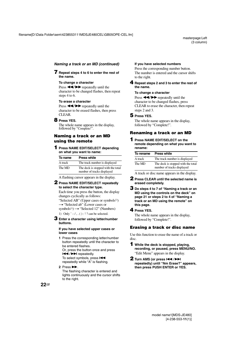 Naming a track or an md using the remote, Renaming a track or an md, Erasing a track or disc name | Sony MDS-JE480 User Manual | Page 22 / 31