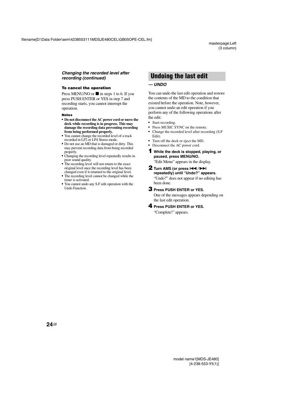 Undoing the last edit, Undo | Sony MDS-JE480 User Manual | Page 24 / 31