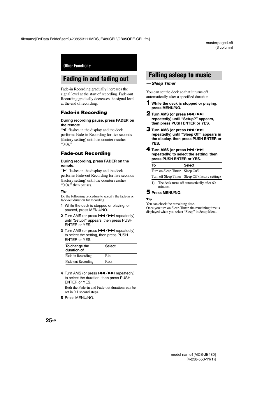 Other functions, Fading in and fading out, Fade-in recording | Fade-out recording, Falling asleep to music, Sleep timer | Sony MDS-JE480 User Manual | Page 25 / 31