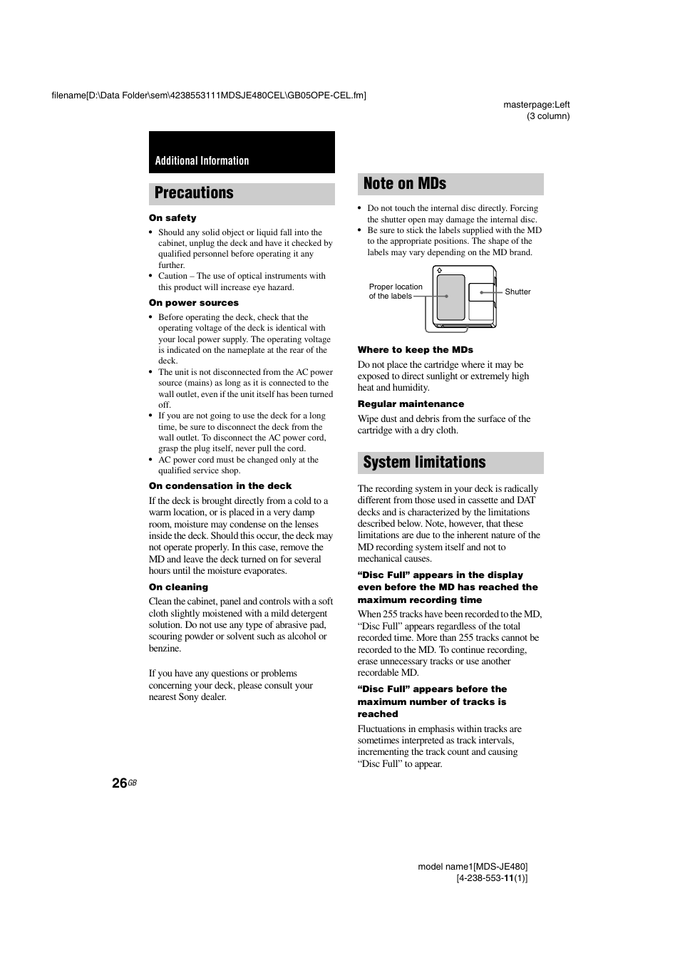 Additional information, Precautions, Note on mds | System limitations, Note on mds system limitations | Sony MDS-JE480 User Manual | Page 26 / 31