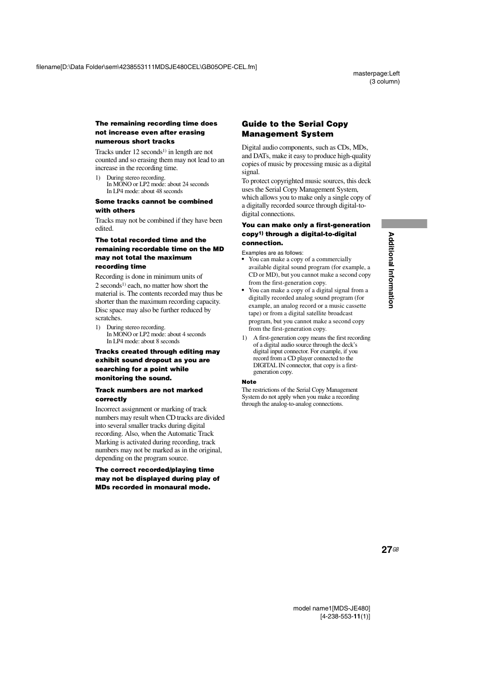 Guide to the serial copy management system | Sony MDS-JE480 User Manual | Page 27 / 31