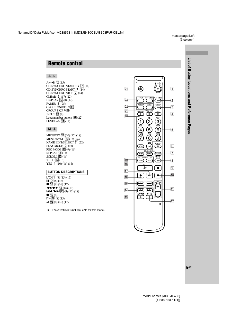 Remote control | Sony MDS-JE480 User Manual | Page 5 / 31